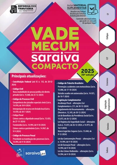 Capa do livro Vade Mecum Saraiva Compacto 2025 - 30ª Edição, essencial para estudantes de Direito e profissionais da área jurídica.